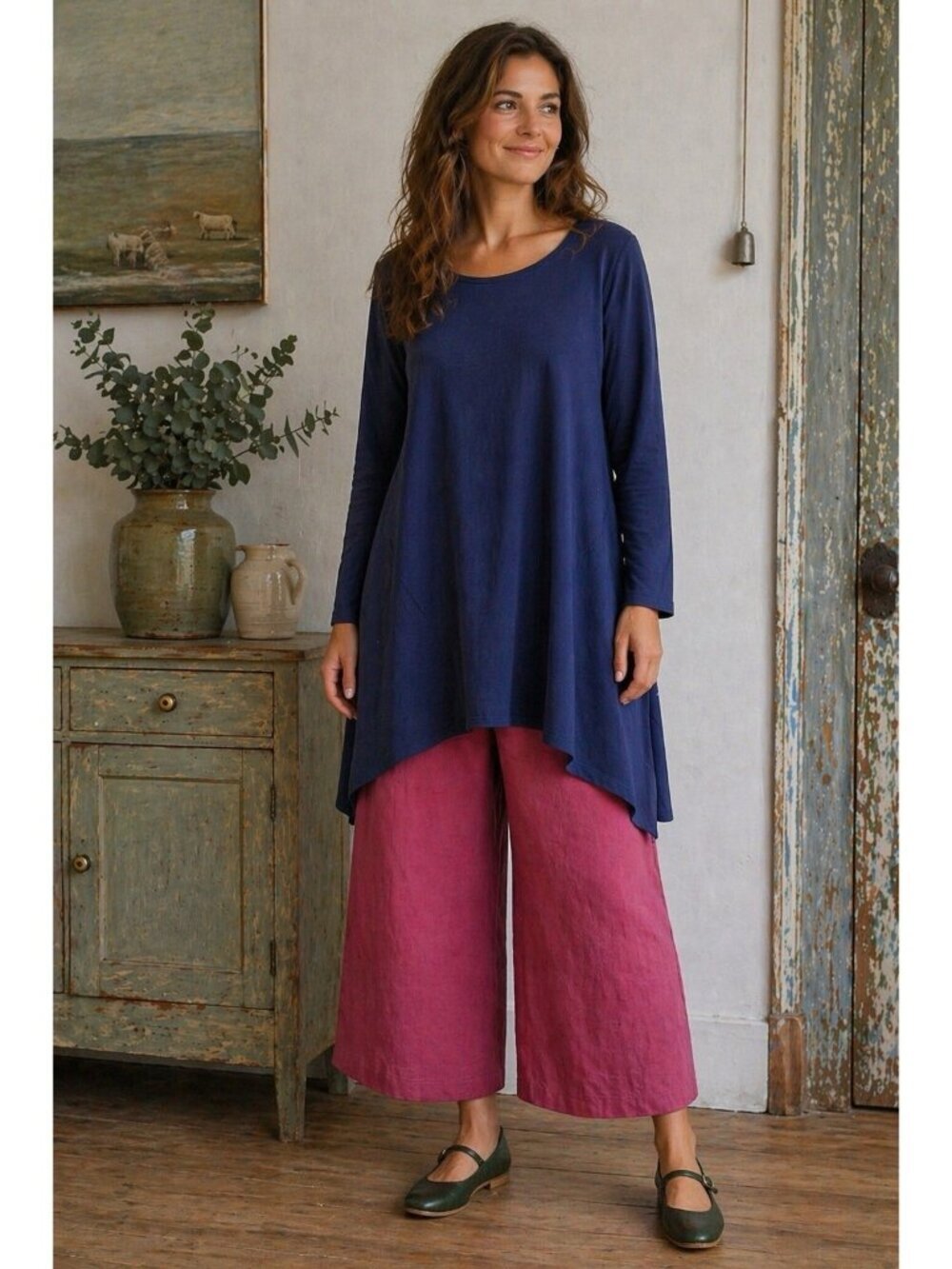 Gudrun Sjoden Womens Tunic Top Sz Large Navy Blue Cotton Blend Lagenlook Boho